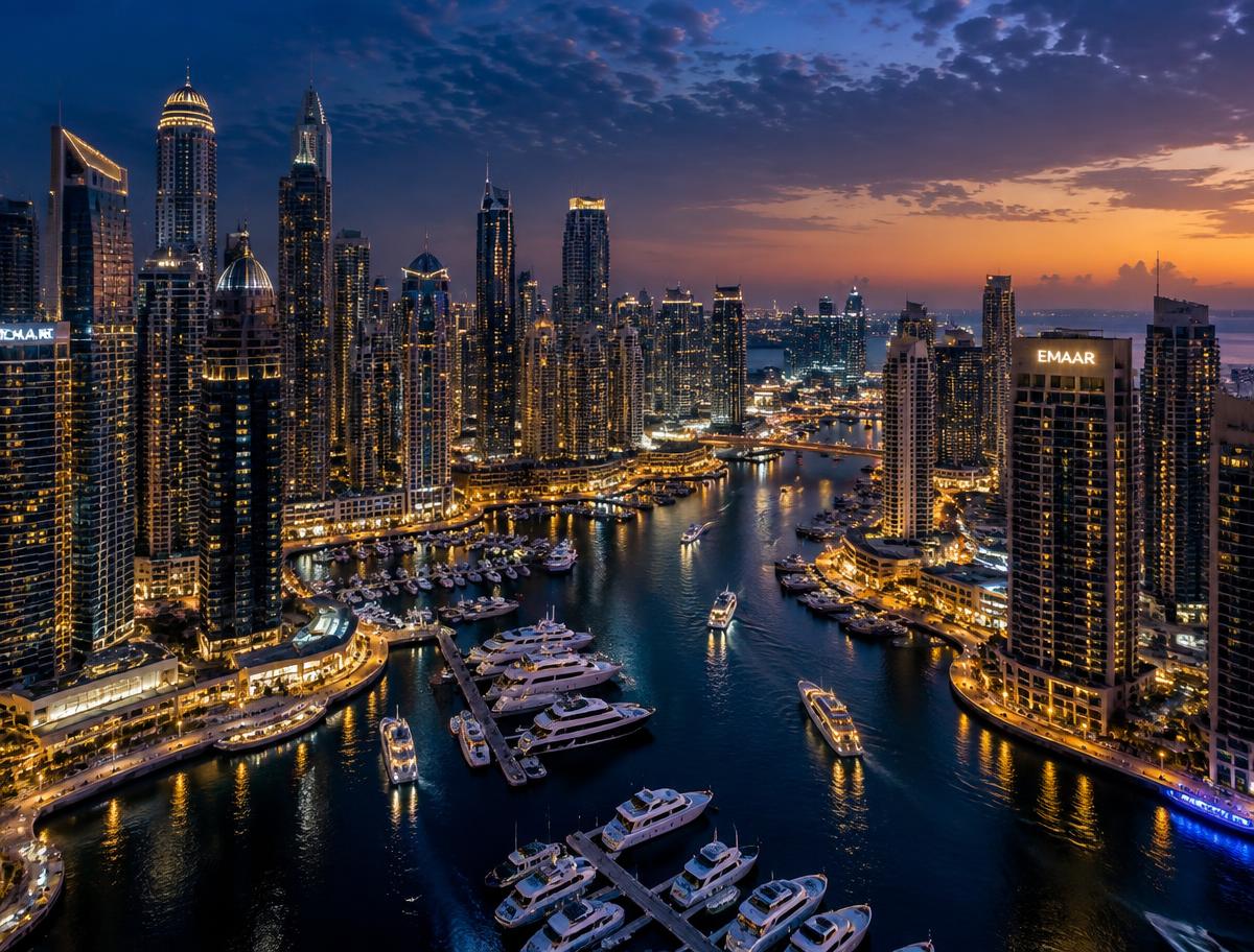 Dubai Marina lit up at dusk